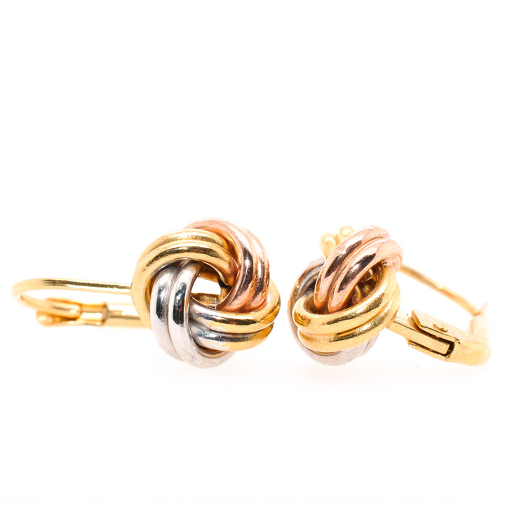 10 Karat Tri-Colour Gold Love Knot Lever Back Earrings.