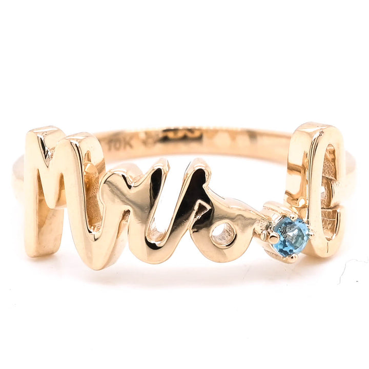 10KT Yellow Gold Blue Topaz "MRS" Ring.