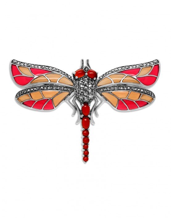 Larus Sterling Silver Marcasite & Carnelian Dragonfly Brooch.h.