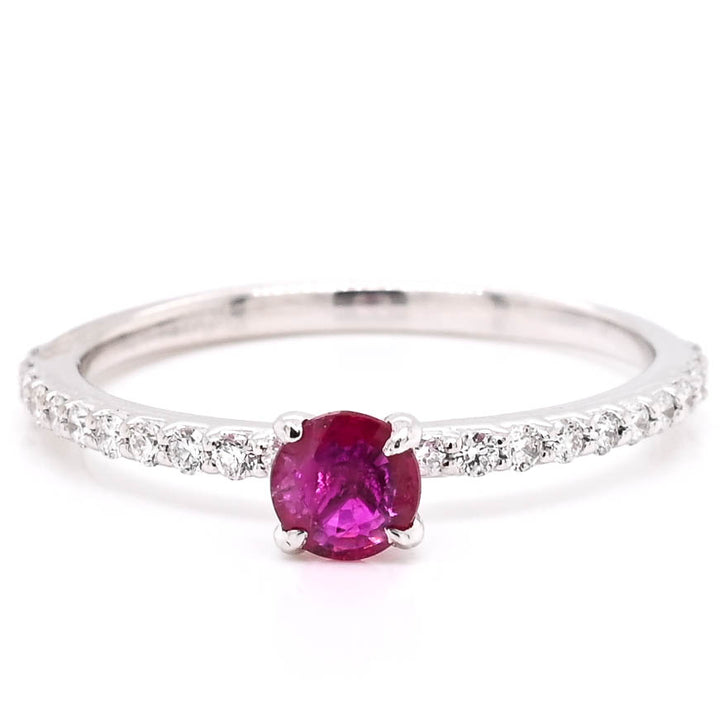 14KT White Gold 0.25CT Round Brilliant Ruby & Diamond Accent Ring.