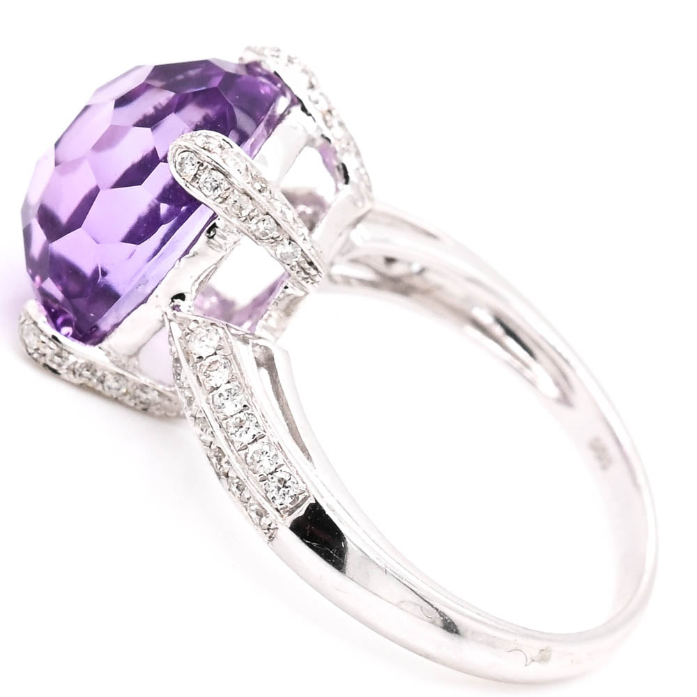 14KT White Gold Amethyst & Diamond Ring.