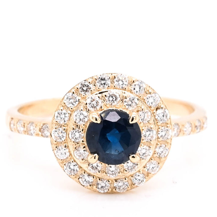 14KT Yellow Gold Round Brilliant Blue Sapphire Double Halo Set Ring.