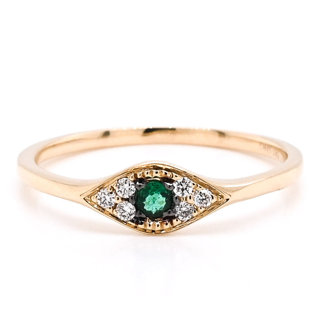 14KT Yellow Gold 0.05CT Round Emerald & Diamond Evileye Ring.