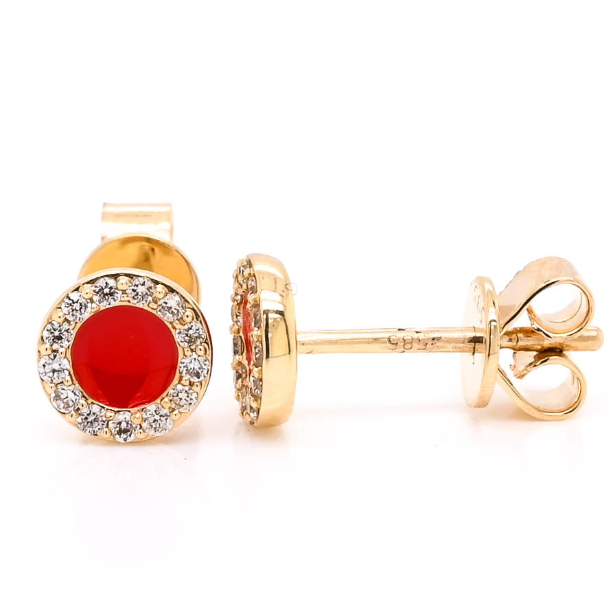 14KT Yellow Gold 0.12CTW Stud Style Backing Diamond & Red Enamel Earrings