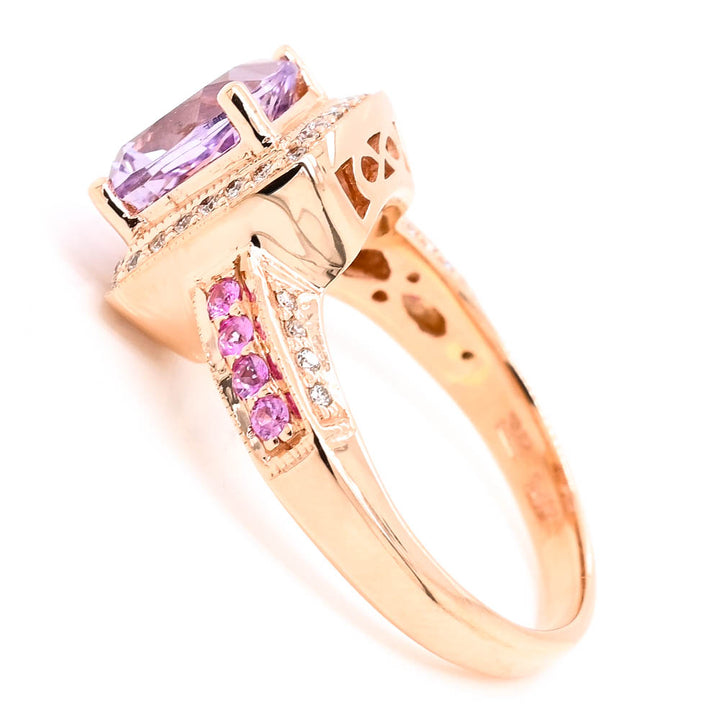 14KT Rose Gold 2.00CT Lilac Quartz, Pink Tourmaline & Diamond Halo Set Ring.