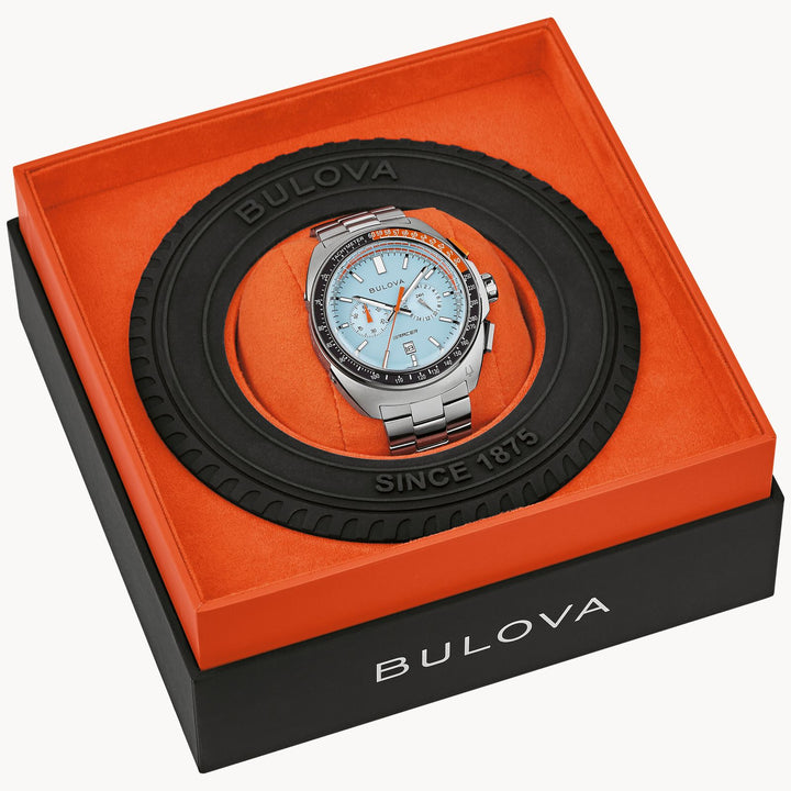 Bulova Racer 42mm Chronograph Quartz Watch. 98b432.

Blue/Steel