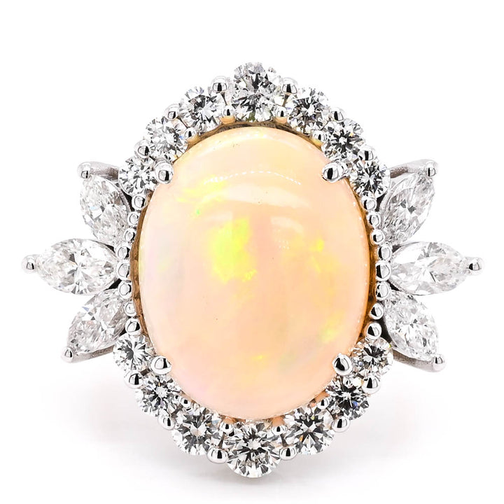 14KT Yellow & White Gold 9.55CT Opal & Diamond Vintage Inspired Halo Set Ring.