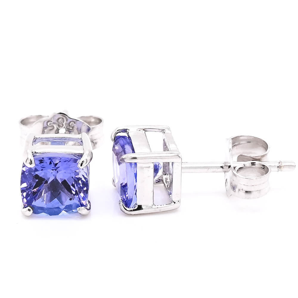 14KT White Gold 5mm Cushion Cut Tanzanite Stud Earrings.