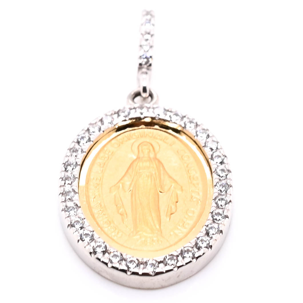 18KT Yellow & White Gold 29x14mm C.Z  Miraculous Virgin Mary Pendant.