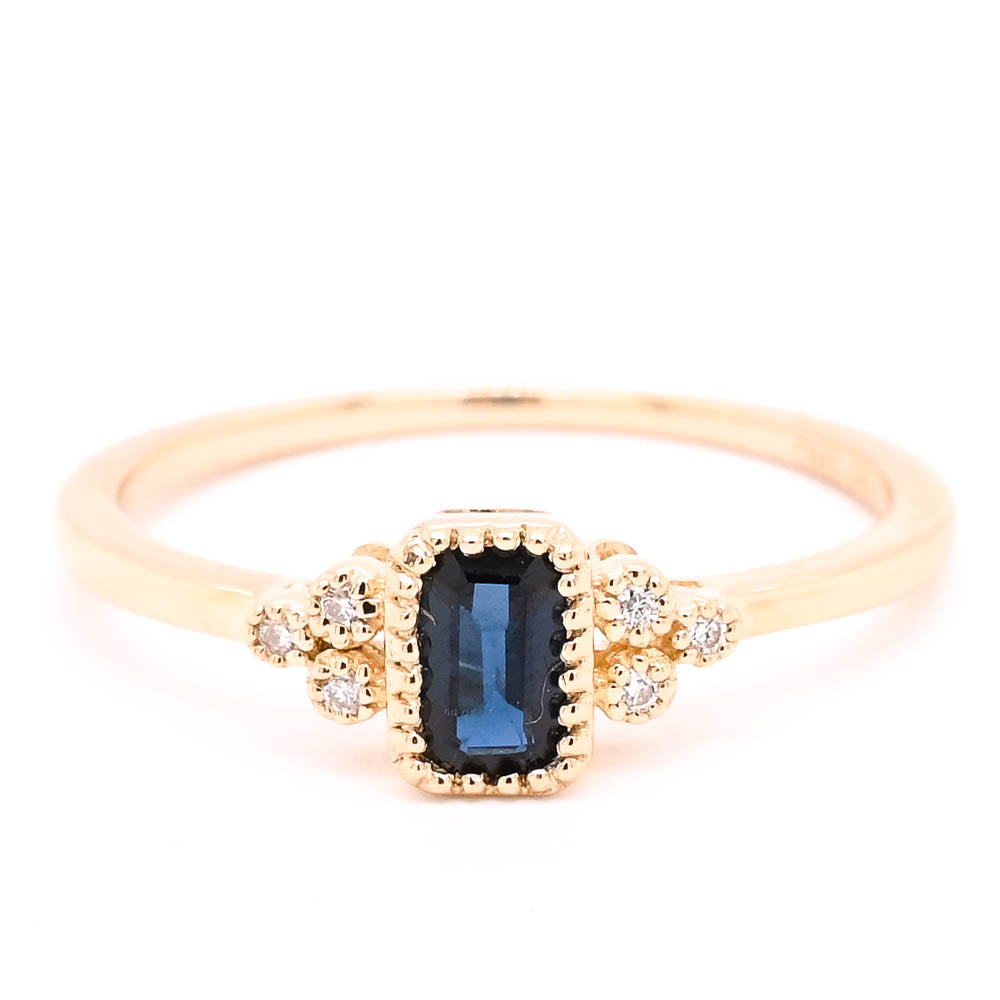 14KT Yellow Gold 0.33CT Emerald Shape Blue Sapphire and Diamond Ring