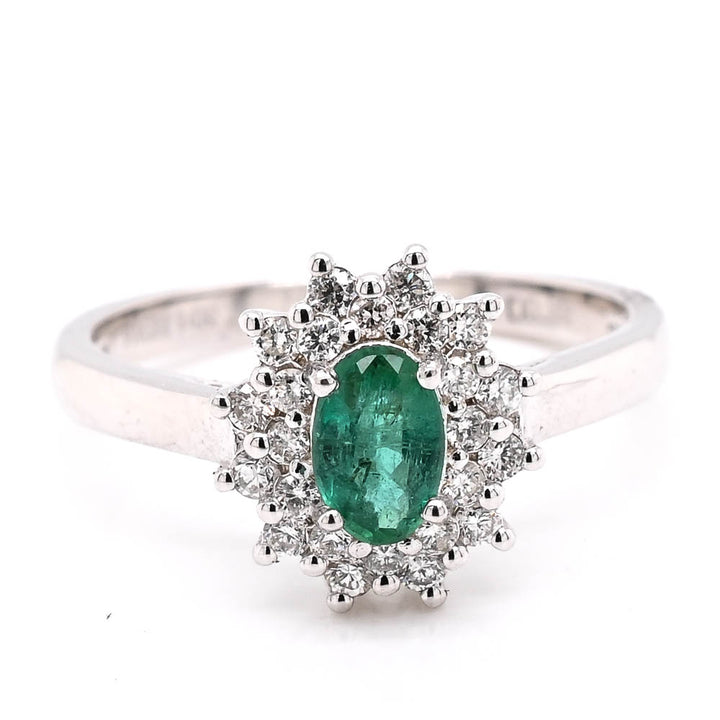 14KT White Gold Emerald & Diamond Cluster Ring.