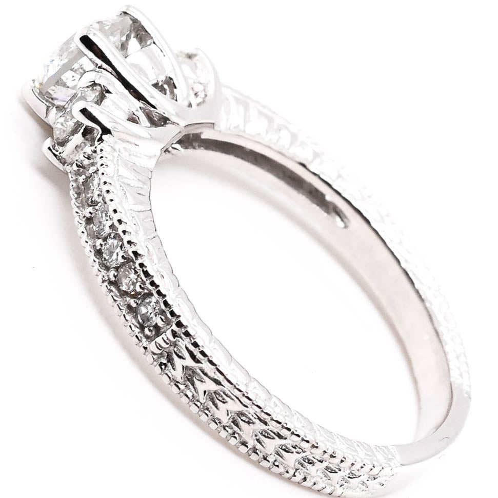 14KT White Gold 0.89CTW Round Brilliant Diamond Accent Engagement Ring.