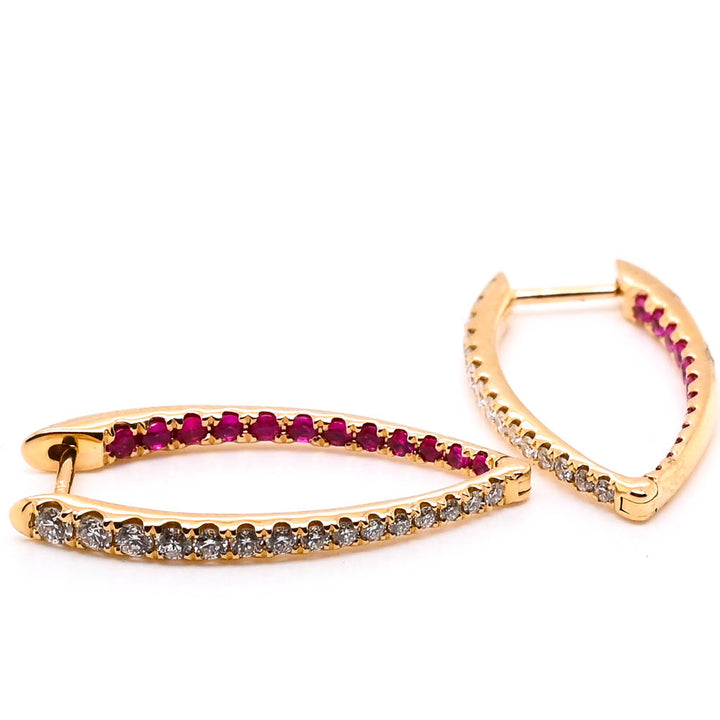 14KT Yellow Gold 0.34CTW Ruby & Diamond Oval Hoop Earrings.