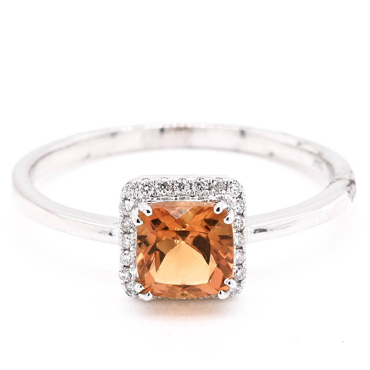 14KT White Gold Cushion shape Citrine & Diamond Halo Set Ring.