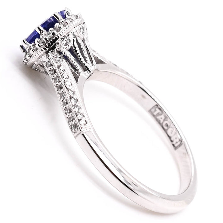 18KT White Gold 0.95CT Round Brilliant Tanzanite & Diamond Halo Set Tacori Ring.