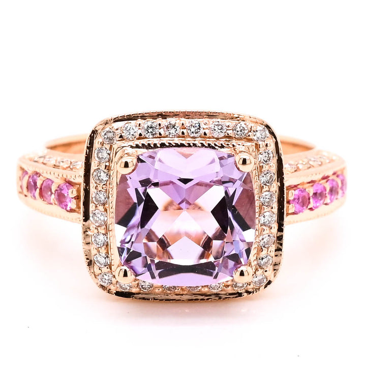 14KT Rose Gold 2.00CT Lilac Quartz, Pink Tourmaline & Diamond Halo Set Ring.