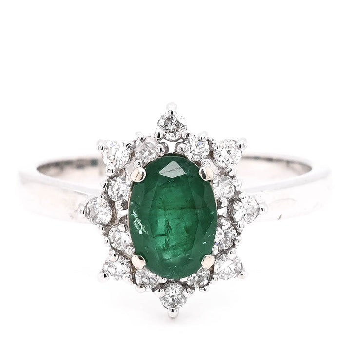 14KT White Gold 0.75CT Emerald & Diamond Cluster Ring.