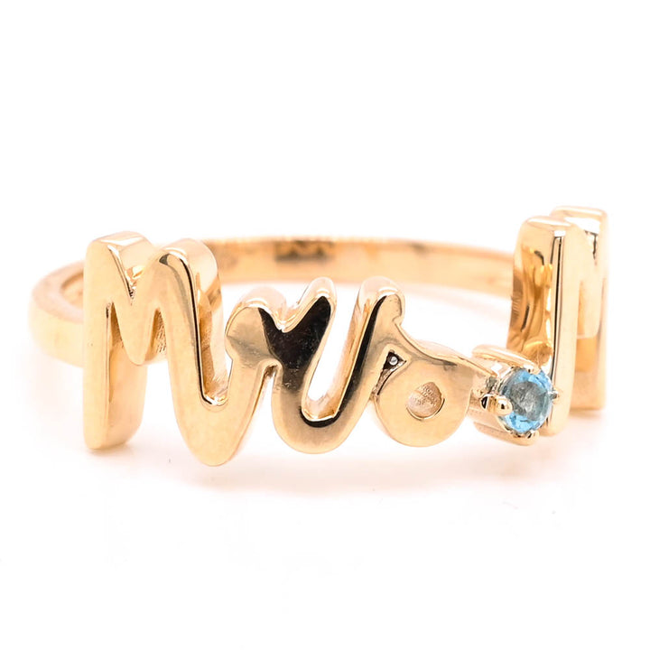 10KT Yellow Gold Blue Topaz "MRS" Ring.