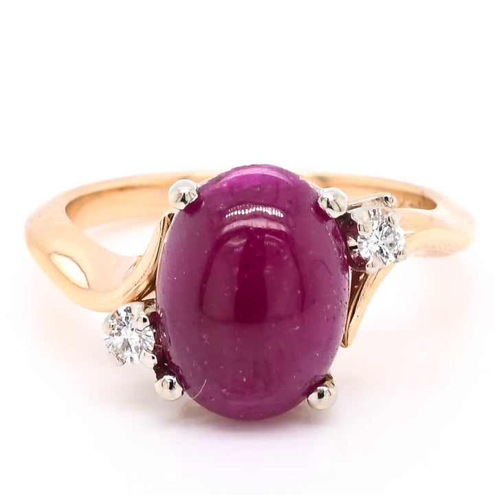 14KT Yellow & White Gold Cabochon Ruby & Diamond Ring.