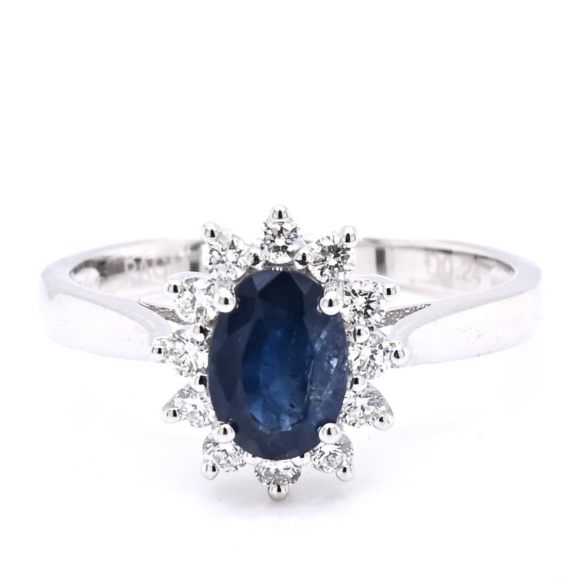 14KT Yellow Gold Oval shape Blue Sapphire & Diamond Cluster Ring.