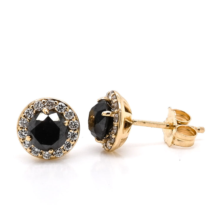 14KT Yellow Gold 1.13CTW Round Brilliant Black & White Halo Set Diamond Stud Earrings.