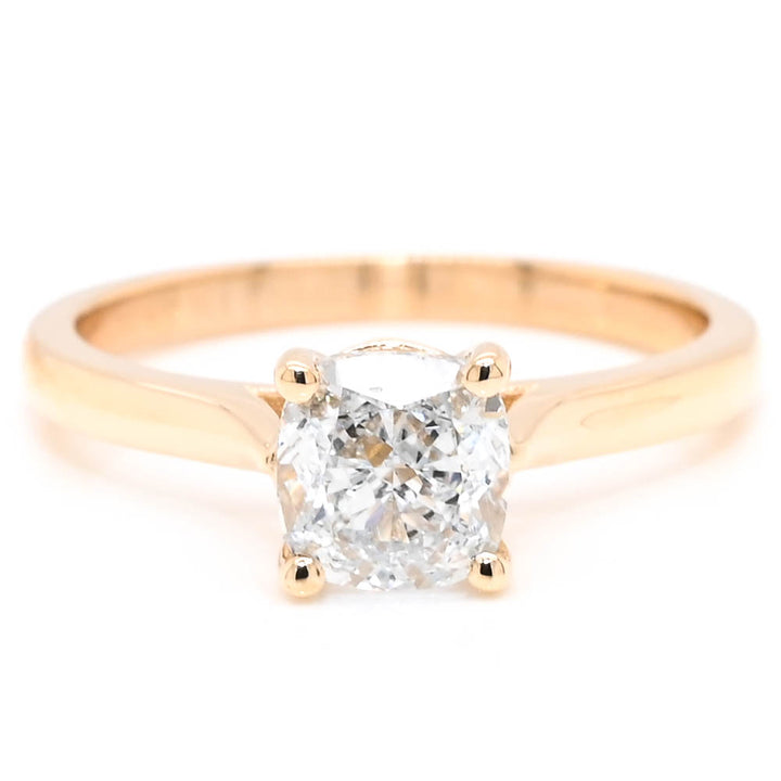 14KT Yellow Gold 1.00CT Cushion Cut LAB GROWN Diamond Solitaire Engagement Ring.