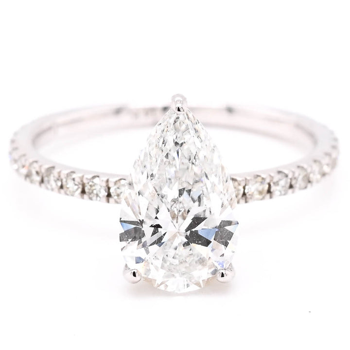 14KT White Gold 1.86CTW Pear Shape Lab Grown Diamond Hidden Halo Engagement Ring.