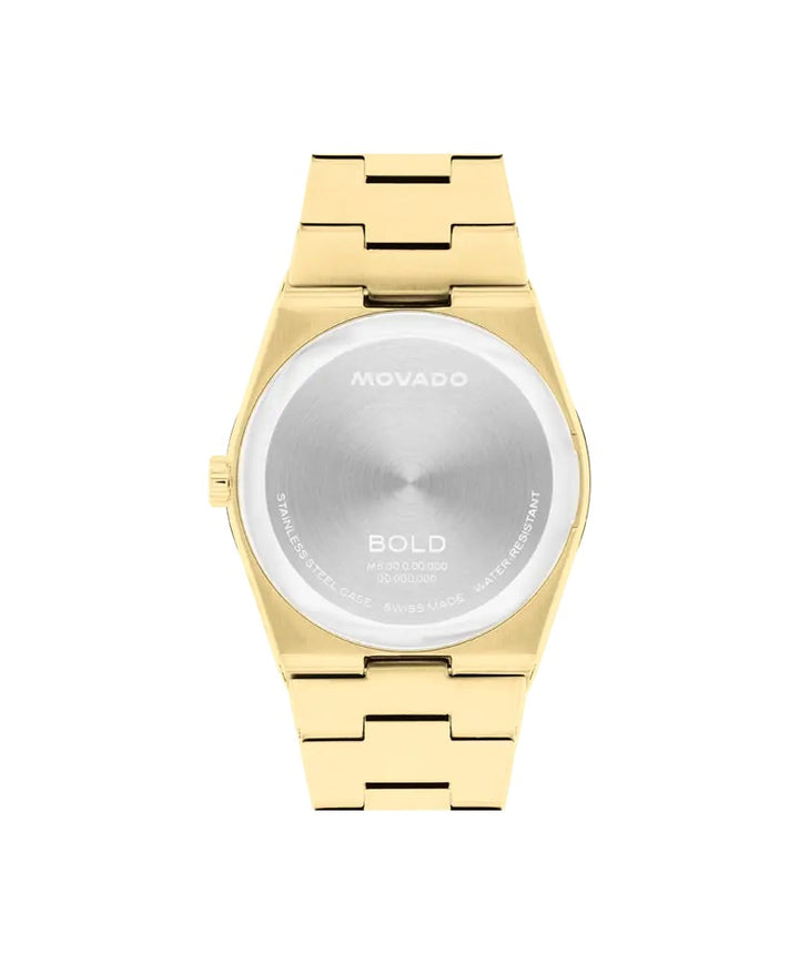 Movado Bold Quest  35mm watch features a white dial, yellow gold-tone hands, and our signature dot at 12 o'clock.3601187