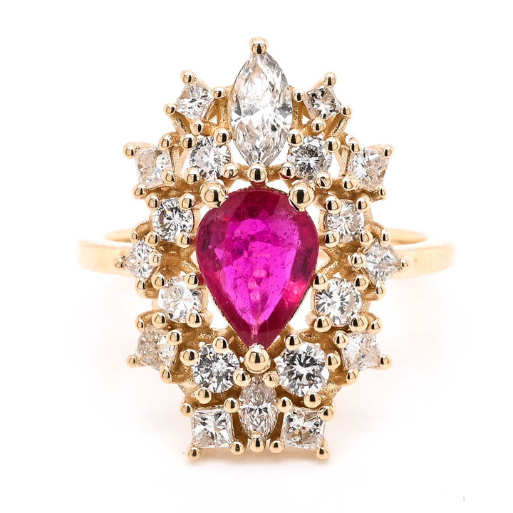 14KT Yellow Gold 1.03CT Pear shape Ruby & Diamond Cluster Ring.