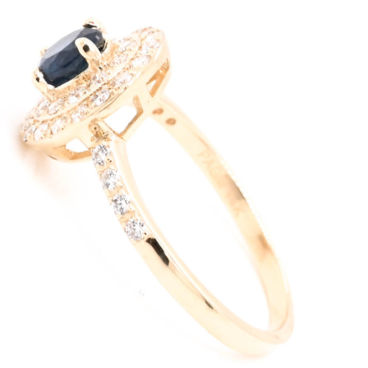 14KT Yellow Gold Round Brilliant Blue Sapphire Double Halo Set Ring.