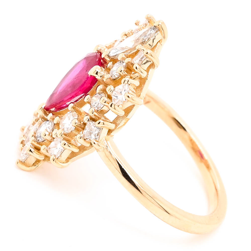 14KT Yellow Gold 1.03CT Pear shape Ruby & Diamond Cluster Ring.