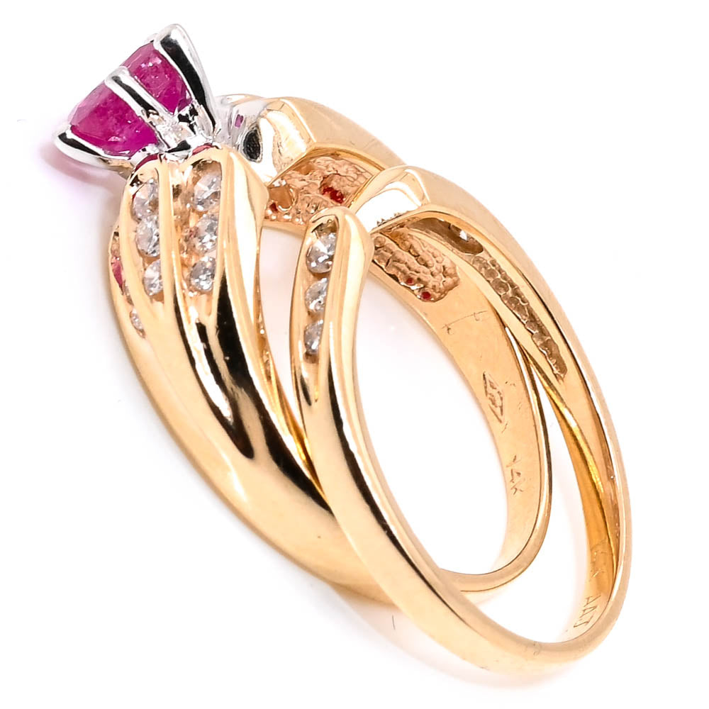 14KT Yellow Gold 0.78CT Pear Shape Ruby and Diamond Ring with matching Diamond Band.