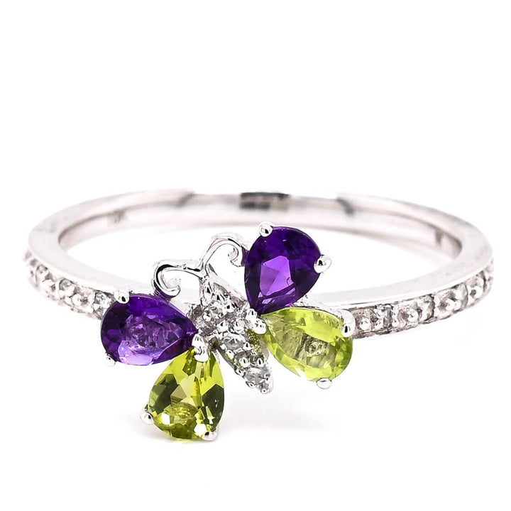 10KT White Gold Amethyst , Peridot & Diamond Butterfly Ring.