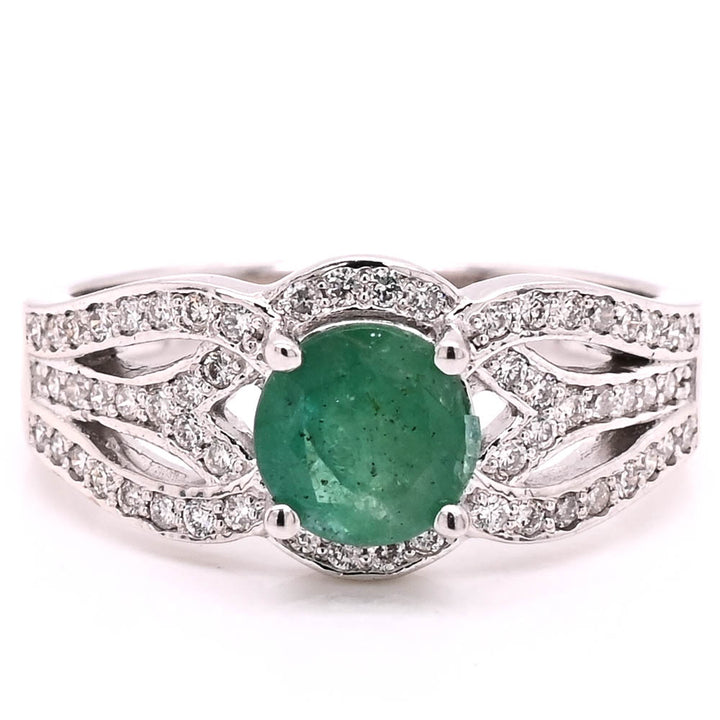 14KT White Gold 0.90CT Emerald & Diamond Ring.