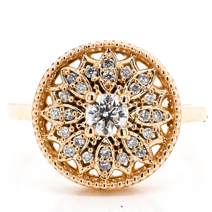 10KT Yellow Gold 0.32CTW I1 H- I Colour Diamond Vintage Inspired Ring.