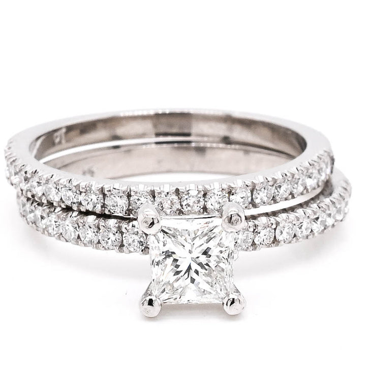 Platinum 1.04CTW Princess Cut Diamond Accent Engagement Ring with Matching Platinum Diamond Wedding Band.