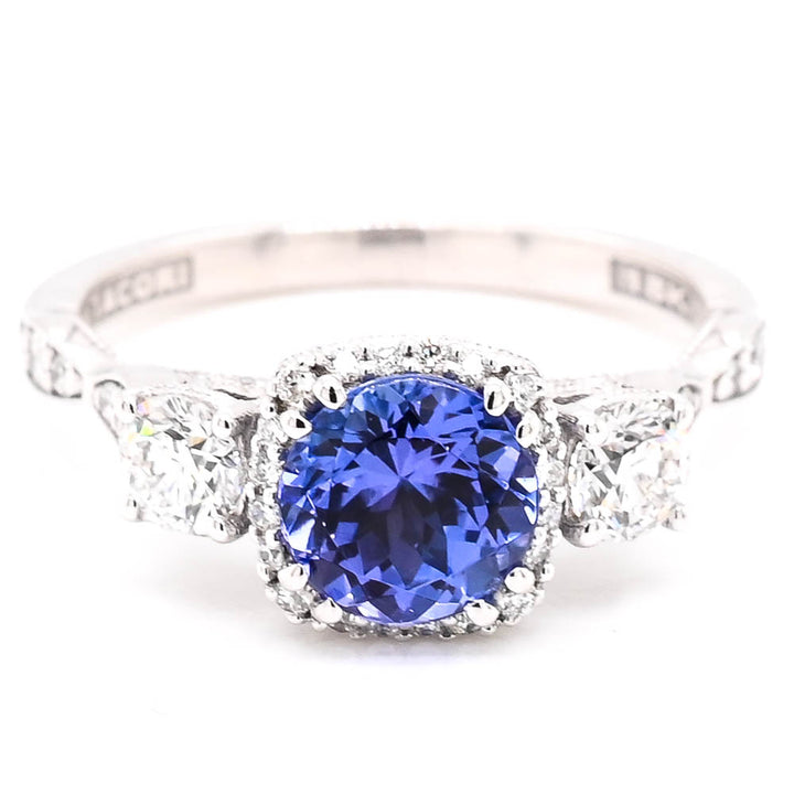 18KT White Gold 1.19C Round Brilliant Tanzanite & Diamond Tacori Ring.