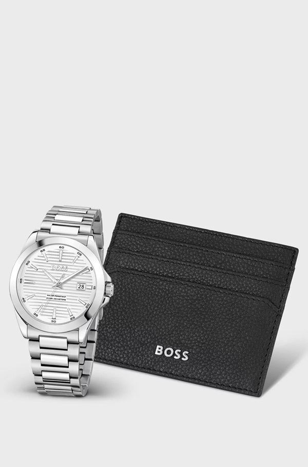 Hugo Boss Groove-Dial Quartz Watch and leather card holder Gift Set.