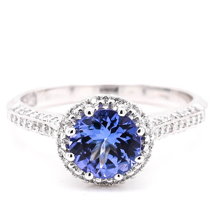 18KT White Gold 0.95CT Round Brilliant Tanzanite & Diamond Halo Set Tacori Ring.