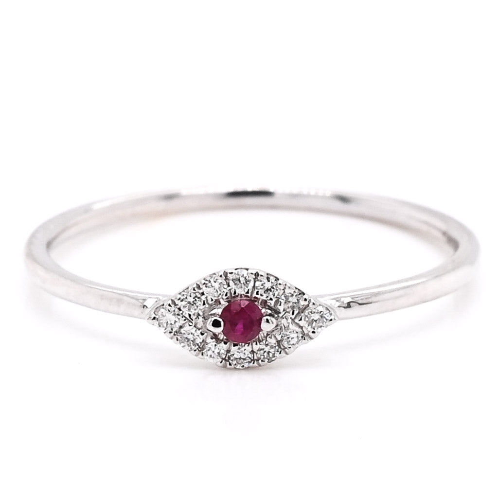 14KT White Gold 0.03CT Round Ruby & Diamond Evileye Ring