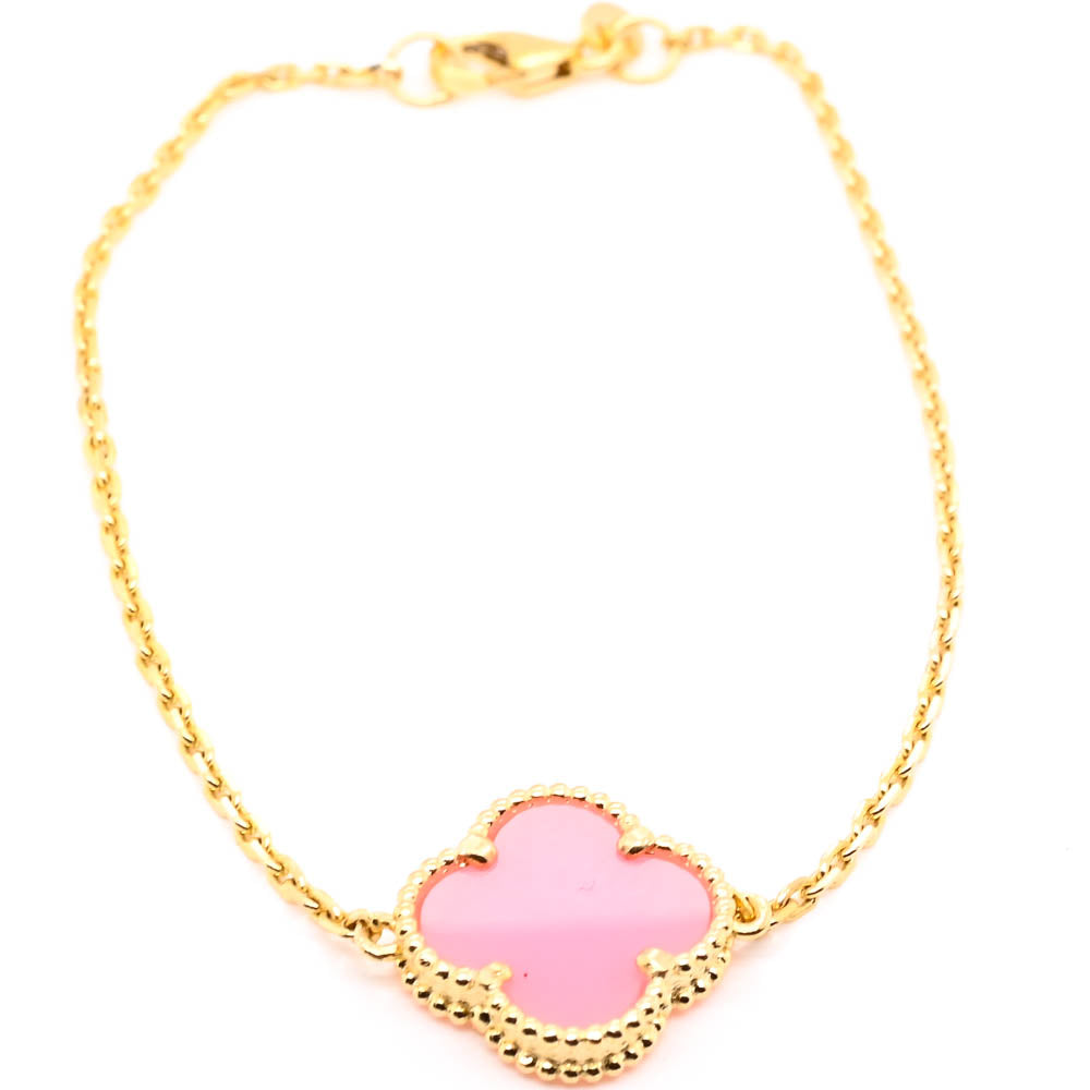 10KT Yellow Gold 7.5" Pink Flower Bracelet.
