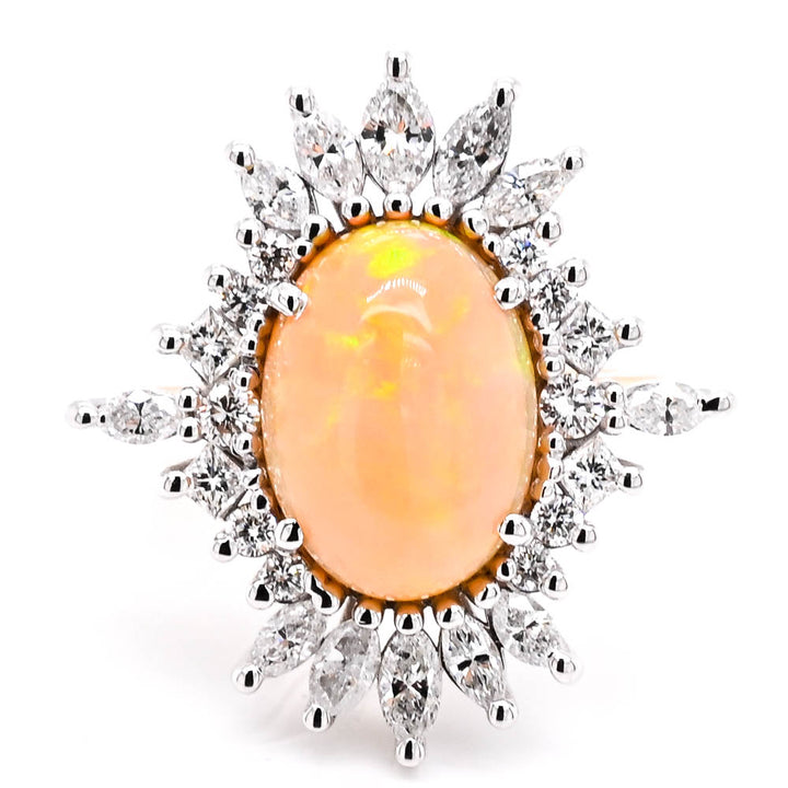 14KT Yellow & White Gold 4.65CT Opal & Diamond Vintage Inspired Halo Set Ring.