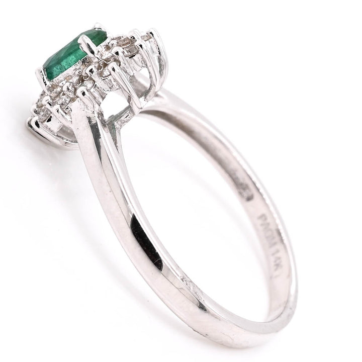 14KT White Gold Emerald & Diamond Cluster Ring.