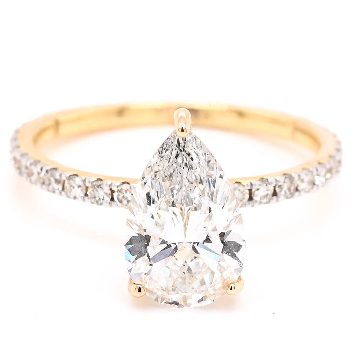 14KT Yellow Gold 1.87CTW Pear Shape Lab Grown Diamond Hidden Halo Engagement Ring.