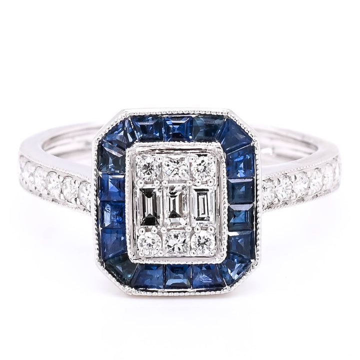 14KT White Gold 0.75CTW Blue Sapphire & Diamond Halo Set Ring.