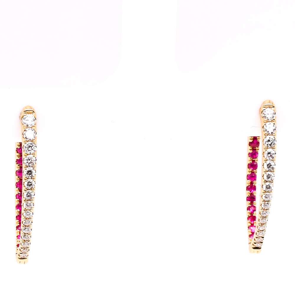 14KT Yellow Gold 0.34CTW Ruby & Diamond Oval Hoop Earrings.