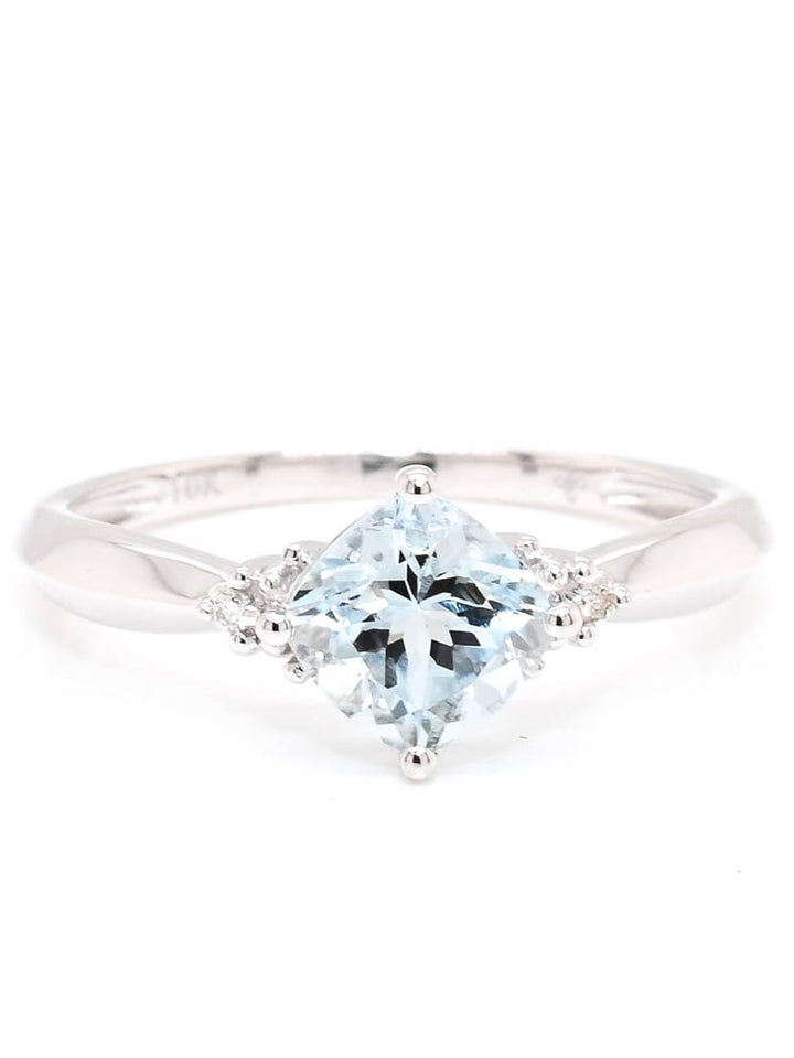 10K White Gold 0.76CT Cushion Cut Aquamarine & Diamond Ring.