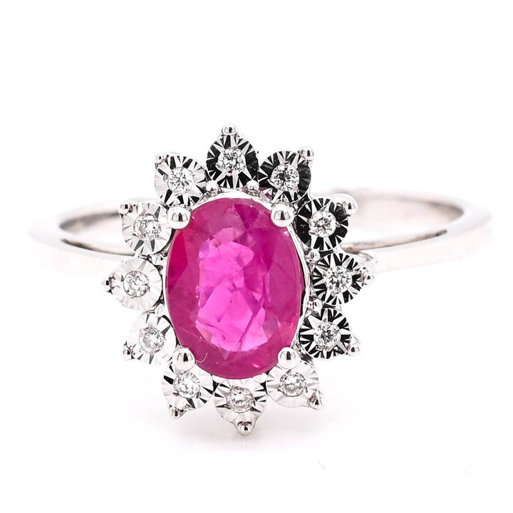 14KT White Gold 0.80CT Oval Shape Ruby & Diamond Cluster Ring.