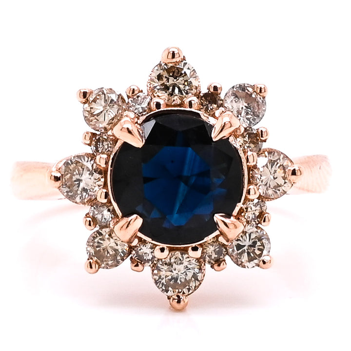 14KT Rose Gold 1.22CT Blue Sapphire and Diamond Cluster Ring.