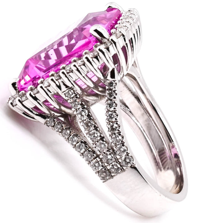 14KT White Gold 11.29CT Emerald Shape Synthetic Pink Sapphire & Diamond Ring.